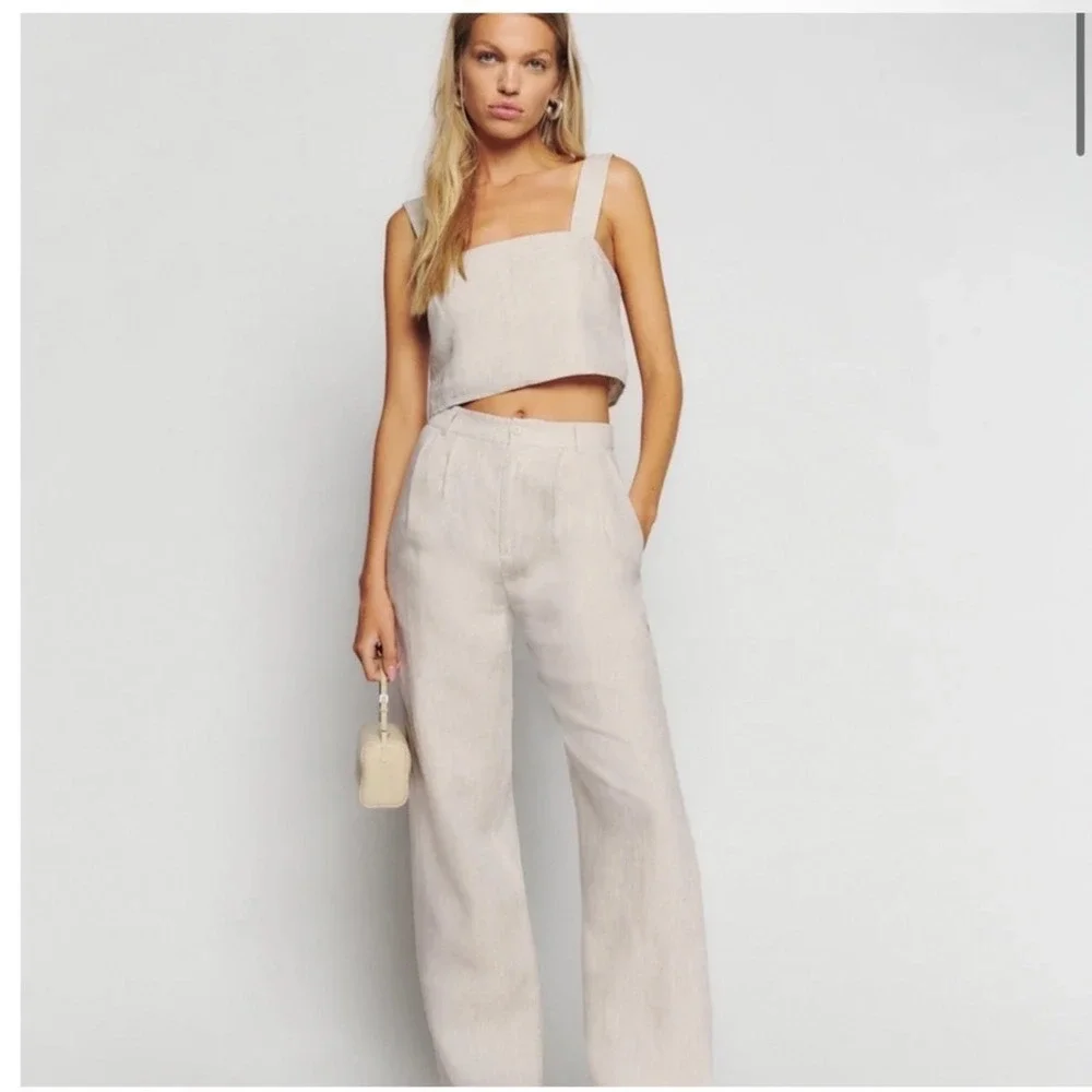 Reformation Tan Olivia Linen Wide Leg Trouser Pants Size 8